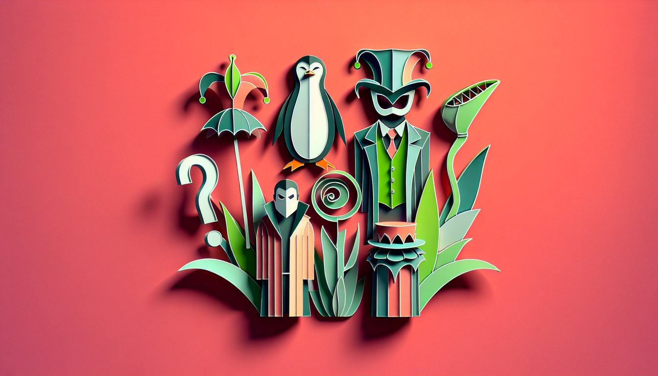 Paper art quiz illustration featuring stylized Batman villains on coral background inviting you to reveal your dark side