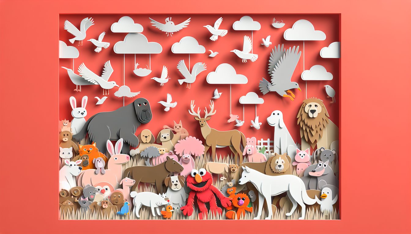 Elmo surrounded by various wild animals and pets in a paper art quiz illustration on a coral background.