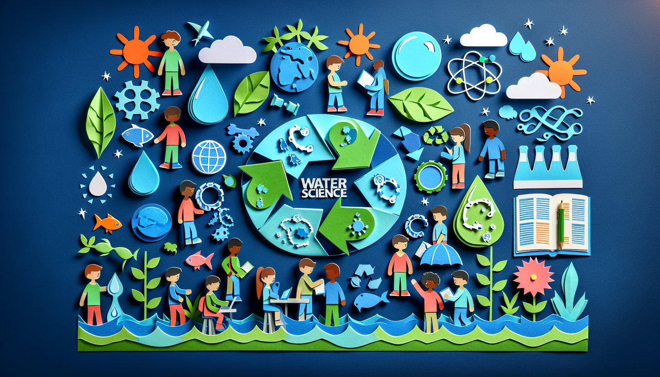 Paper art promoting Water Wonders Quiz for middle school students on water science concepts.