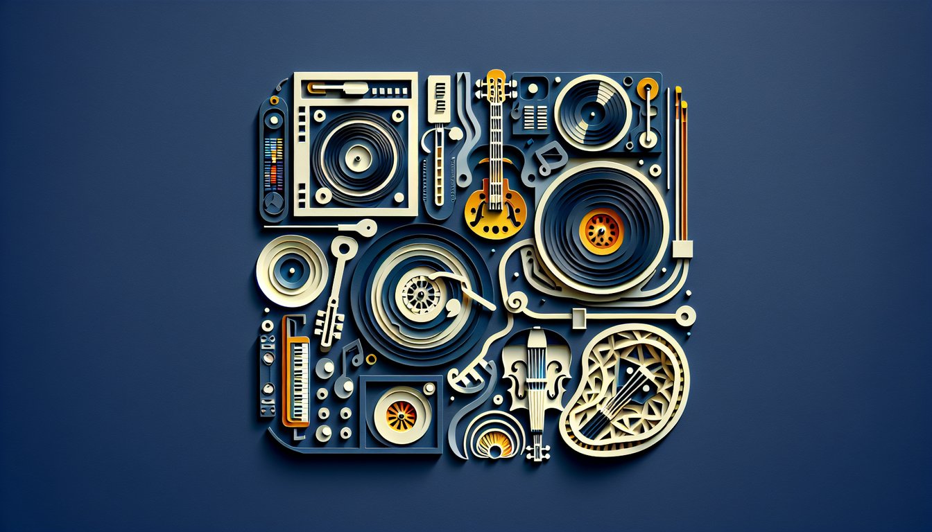 Paper art illustration stylized music notes, vinyl record and headphones on dark blue background for a music personality quiz