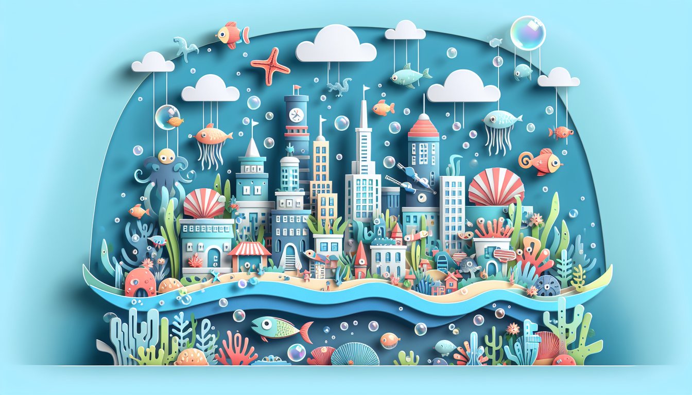 Paper art illustration for SpongeBob SquarePants personality quiz on a sky blue background
