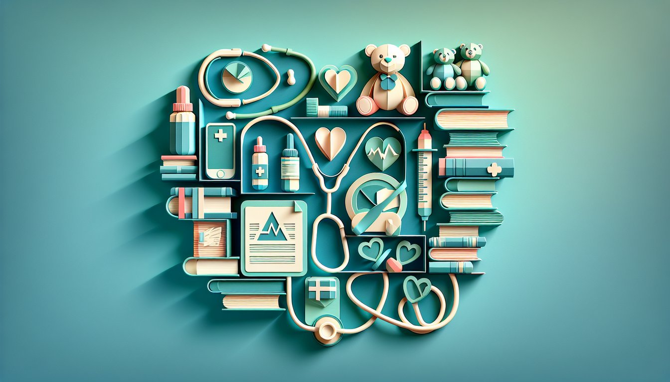 Paper cut style pediatric quiz illustration showing doctor stethoscope test sheet and score meter on teal background