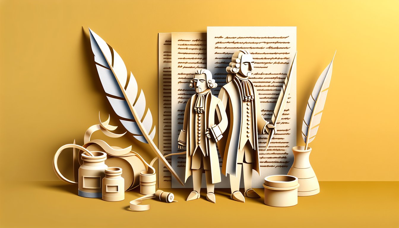 Paper art of side by side Hamilton and Jefferson profiles on golden yellow background for a personality quiz
