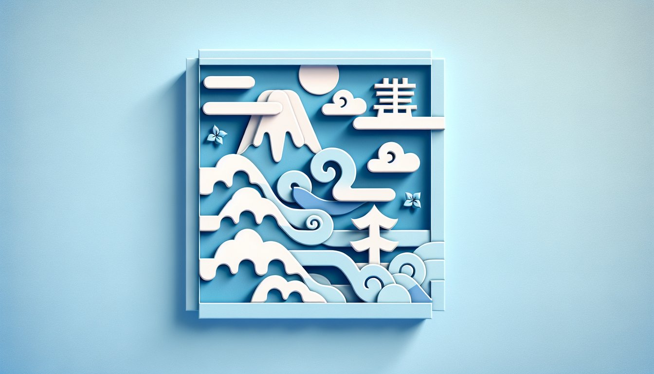 Paper art illustration for a hiragana quiz from a to ka on a sky blue background
