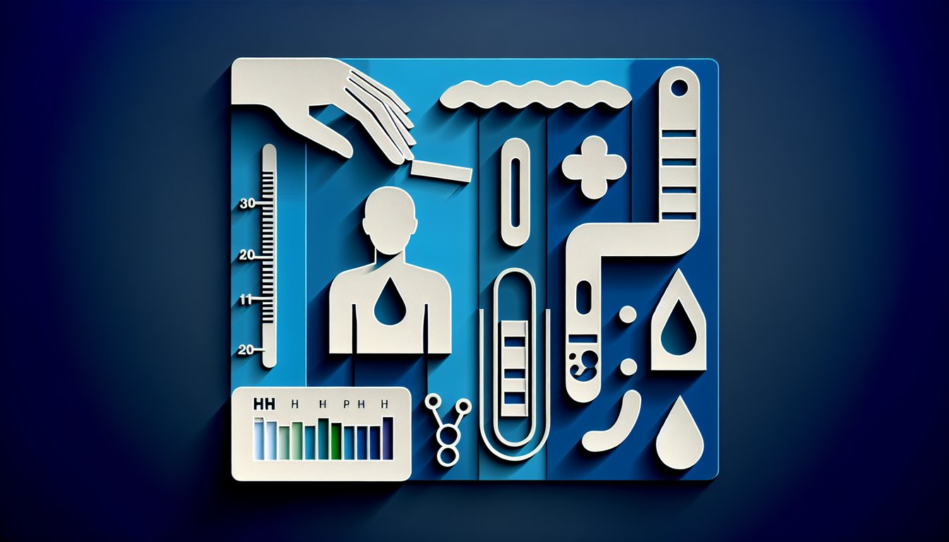 Paper art illustration showing a pH scale with acid alkaline markers water droplets leaves on dark blue background