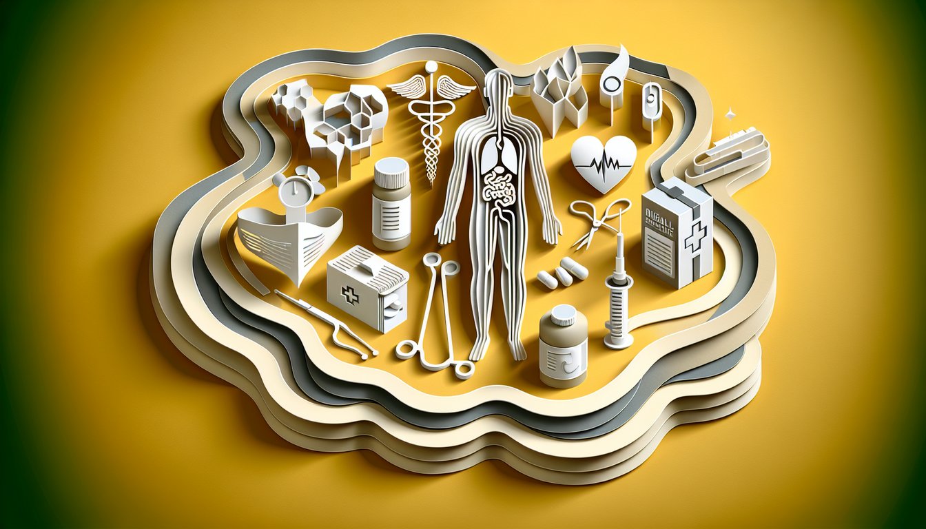 Paper art layers of medical symbols quiz challenge text on golden yellow background.