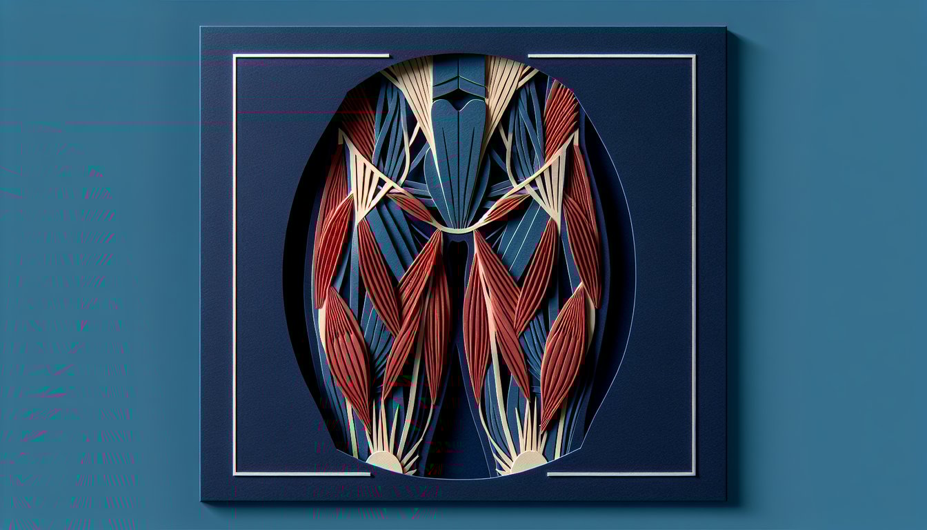 Paper art promoting Thigh Muscle Mastery quiz for anatomy students.