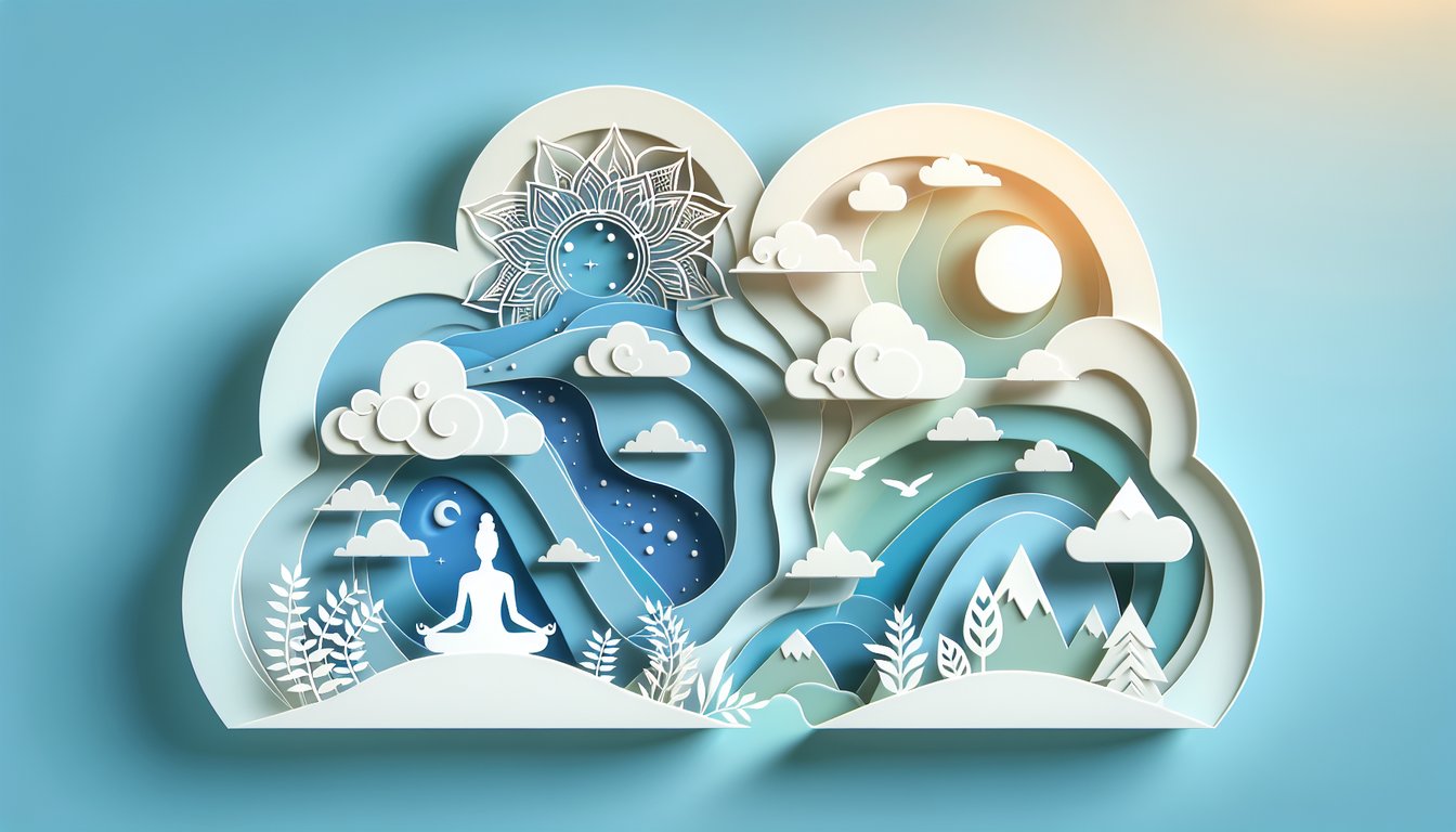 paper art quiz illustration of layered white hands holding crystal lotus flower mandala elements on sky blue background