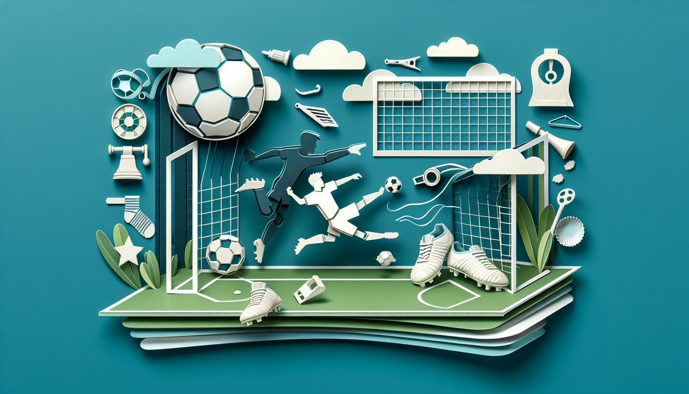 Paper art illustration for soccer player quiz on a teal background