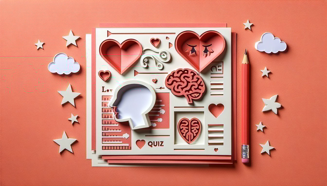Paper art illustration of layered hearts and question marks on coral background for quiz revealing your ideal partner traits