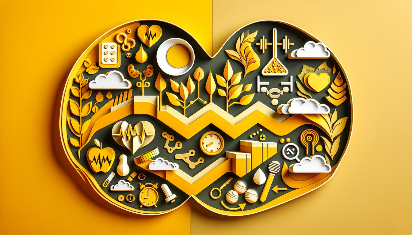 Paper cut art of health symbols heart pulse dna for lifestyle risk factor quiz on golden yellow background.