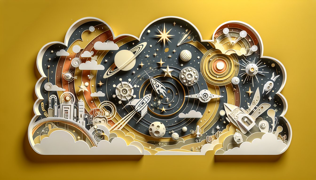 Paper art Guardians of the Galaxy silhouettes cosmic symbols on golden yellow background for personality quiz