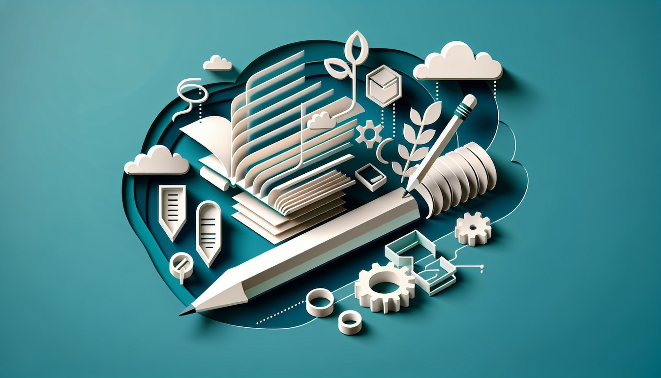 paper art letters symbols magnifying glass checks grammar quiz subject verb object on teal background