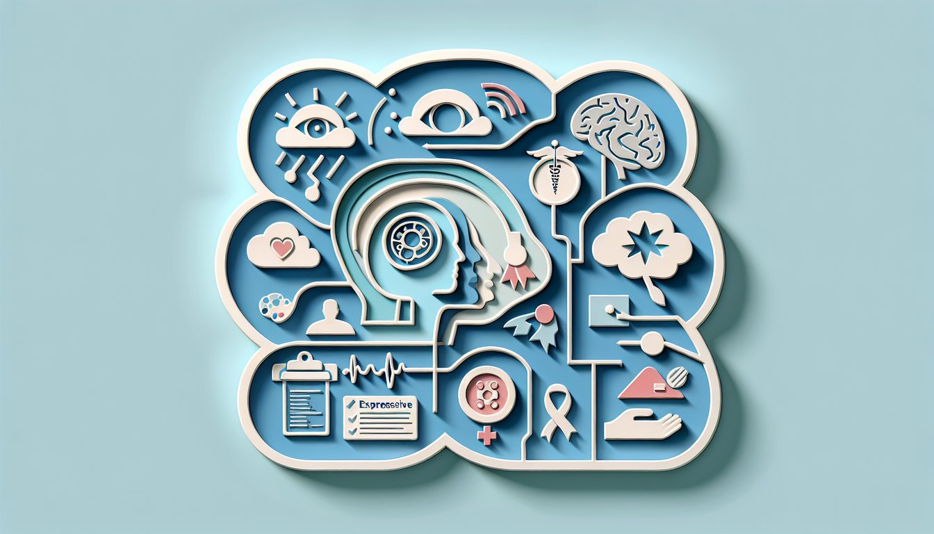 Paper art quiz illustration on sky blue background shows expressive aphasia test with speech bubbles brain icon checklist
