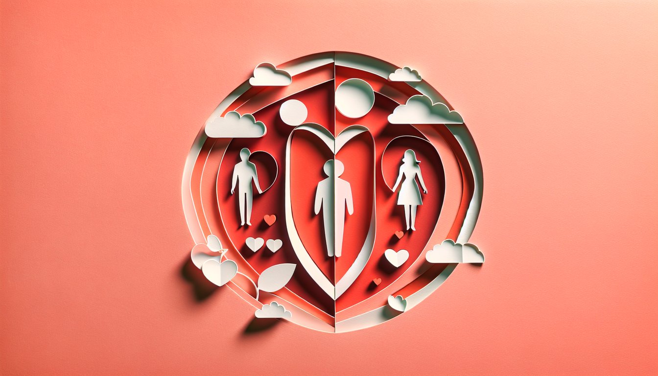 Paper art illustration for a romance trope personality quiz on a coral background