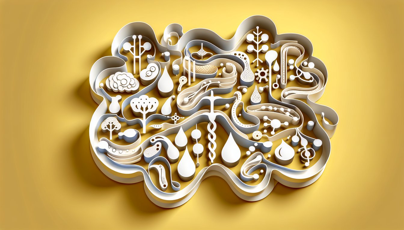 Paper art illustration for endocrine system quiz showing glands hormones and pathways on golden yellow background.