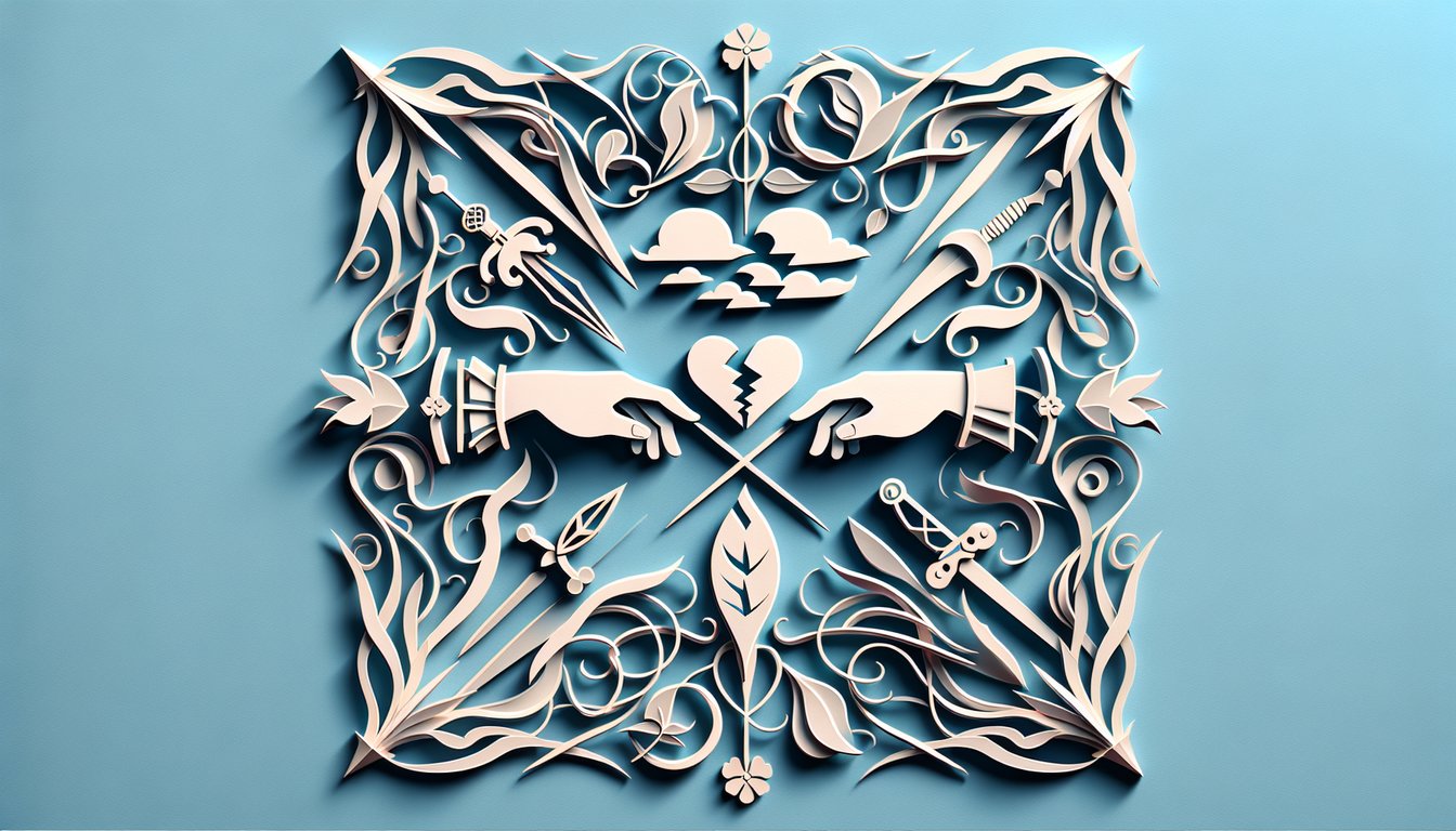 Paper art hearts swords and quill on sky blue background for Romeo and Juliet Act 2 practice quiz on love fate conflict