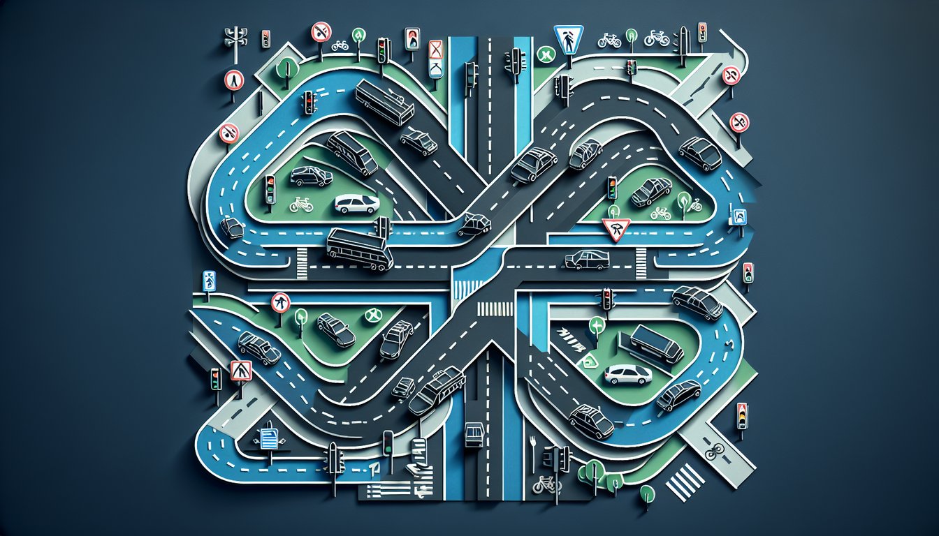 Paper art illustration for right-of-way quiz with traffic rules scenarios on dark blue background