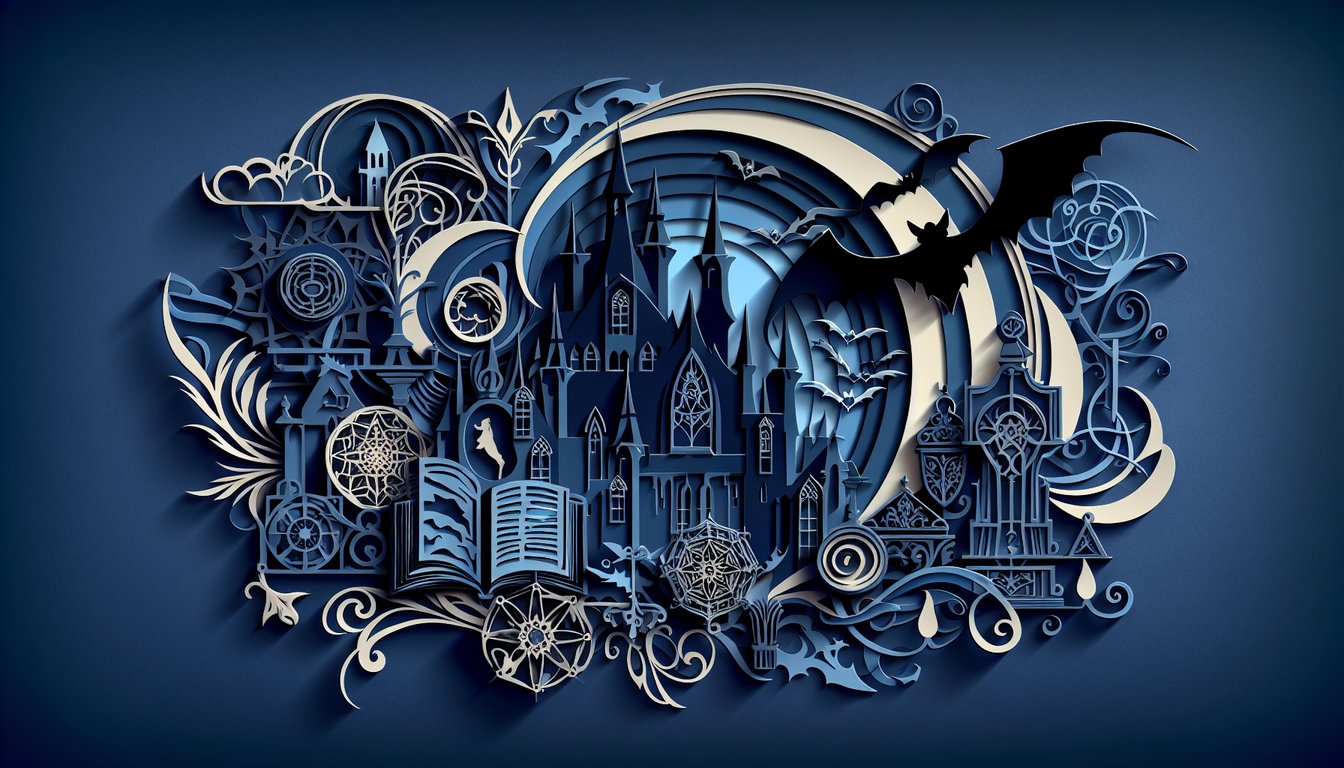 Paper art illustration for Vampire Diaries trivia quiz on a dark blue background