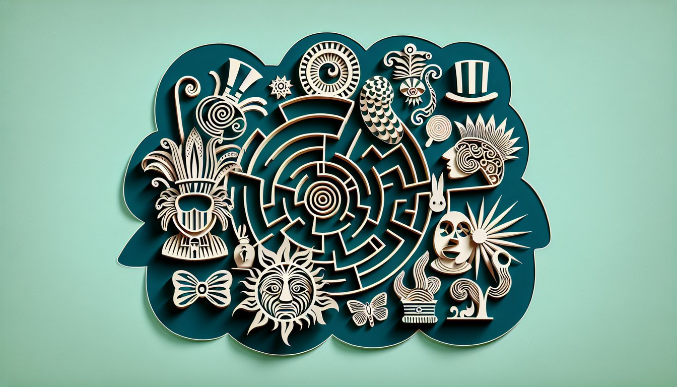 Paper art of gothic silhouettes and question icons hinting at a quiz to reveal your Tim Burton character on teal backdrop.