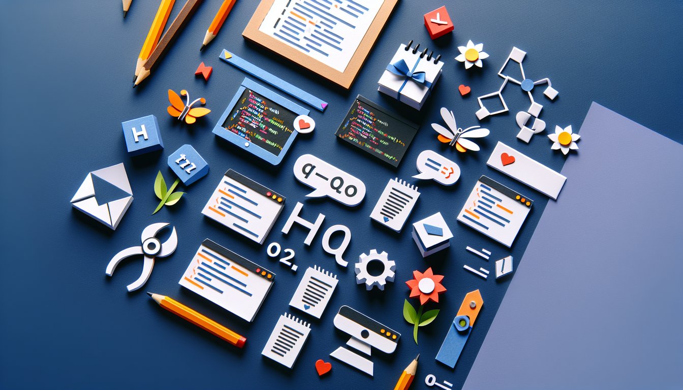 Colorful paper art promoting a trivia quiz on HTML basics for beginners and students.