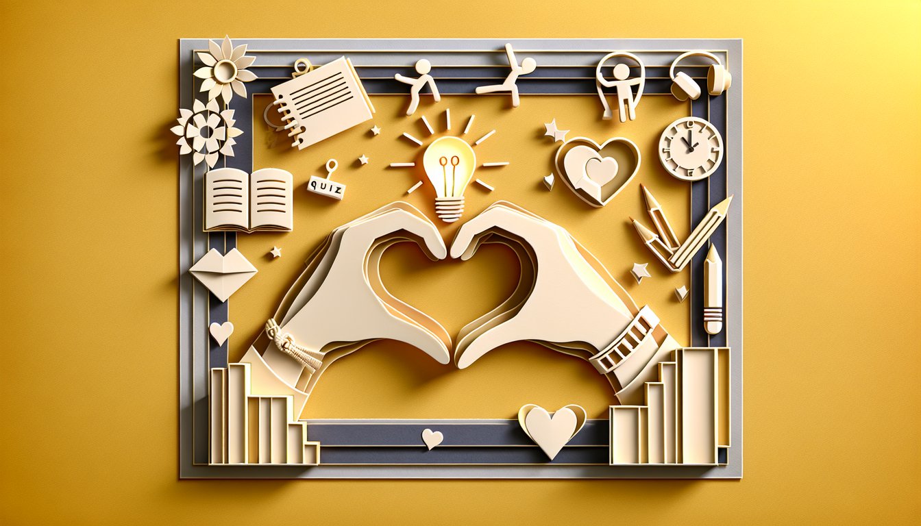 Paper art style quiz illustration showing two friends with hearts and question marks on golden yellow background