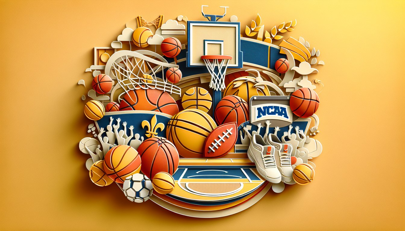 Paper art basketball hoop NCAA logos quiz prompt on golden yellow background