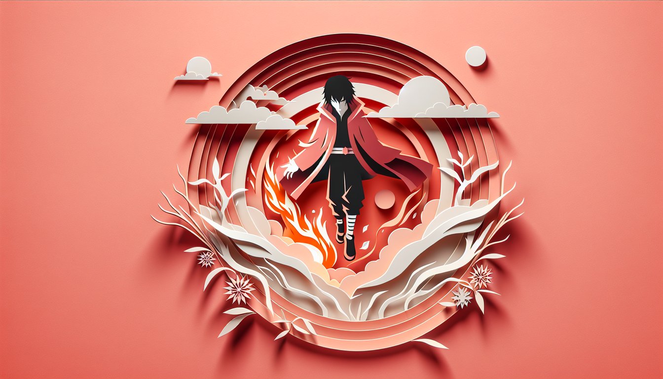 Paper art illustration of Kagami Uchiha silhouette and ninja symbols on coral background quiz banner.