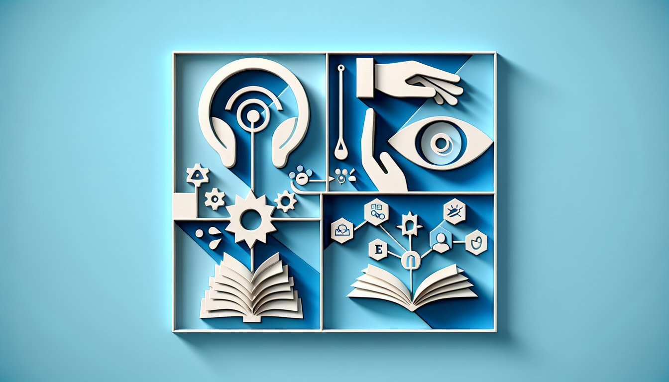 Paper art quiz illustration with four layered learning style icons on sky blue background.