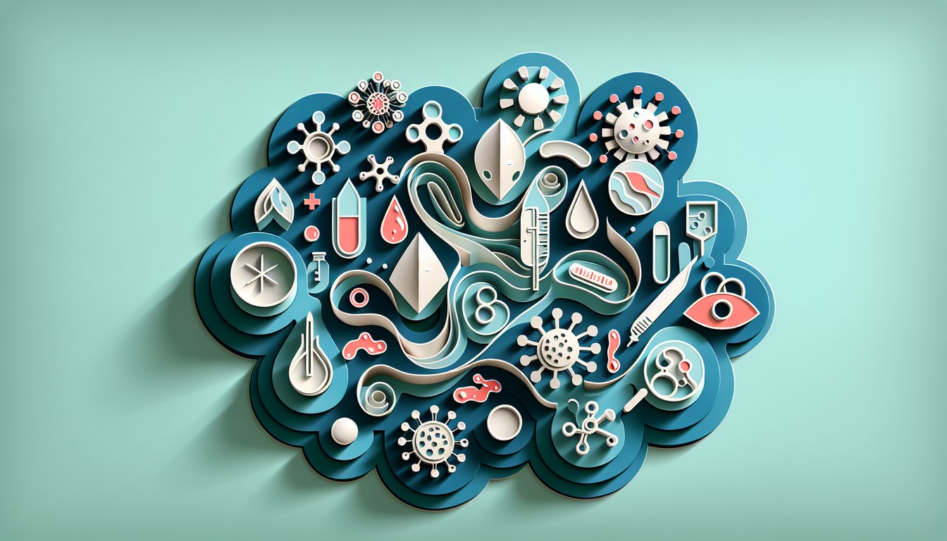 paper art illustration with stylized blood drop microbes test tubes quiz title on teal background