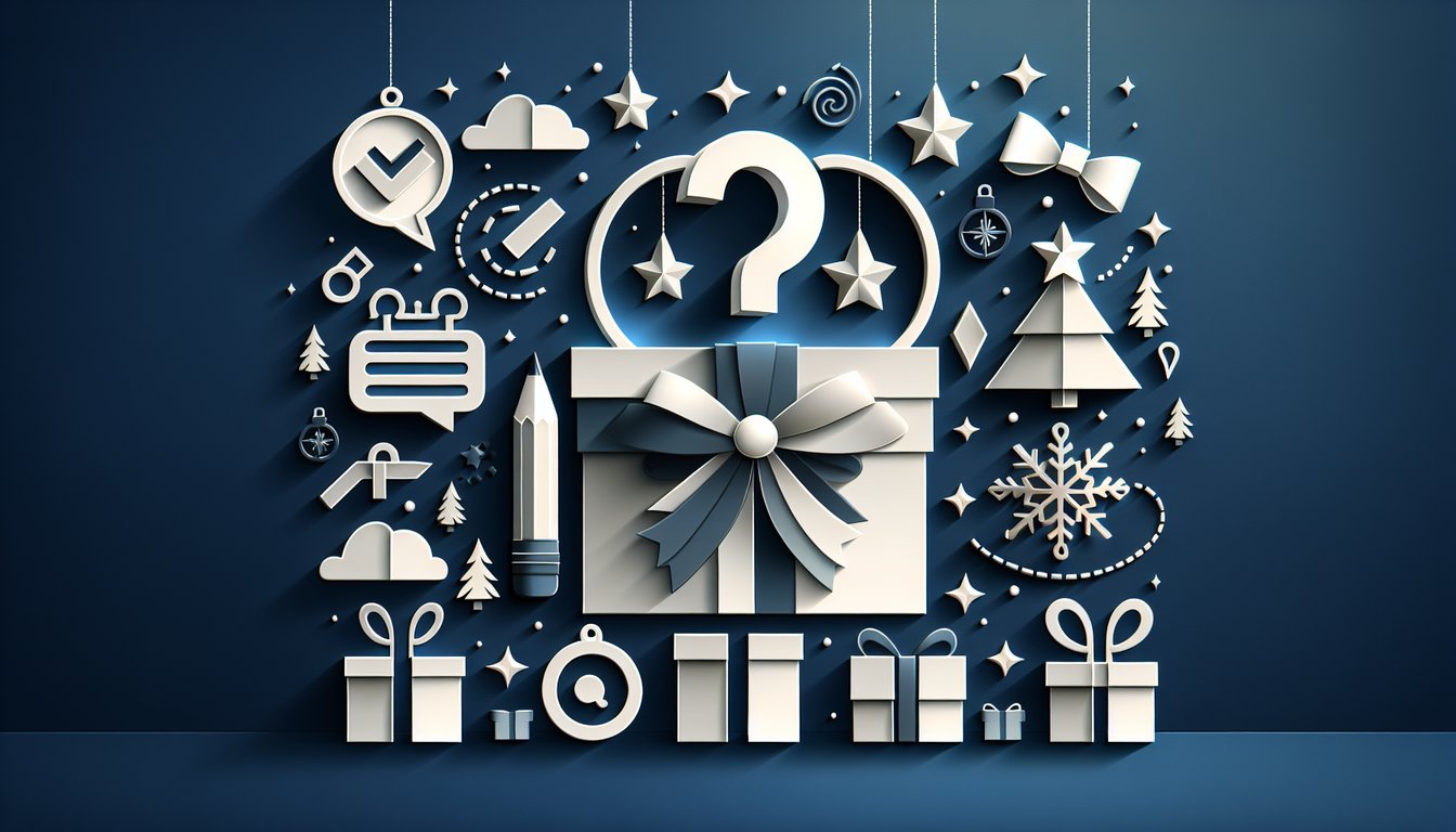 Paper art illustration for a Christmas gift suggestion quiz for moms on a dark blue background.
