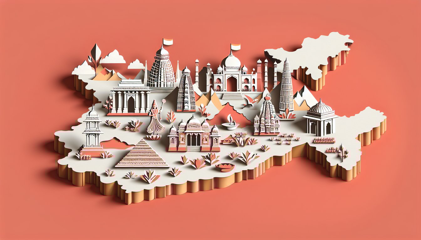 Paper cut illustration of India map monument lotus and books on coral background for culture history geography trivia quiz