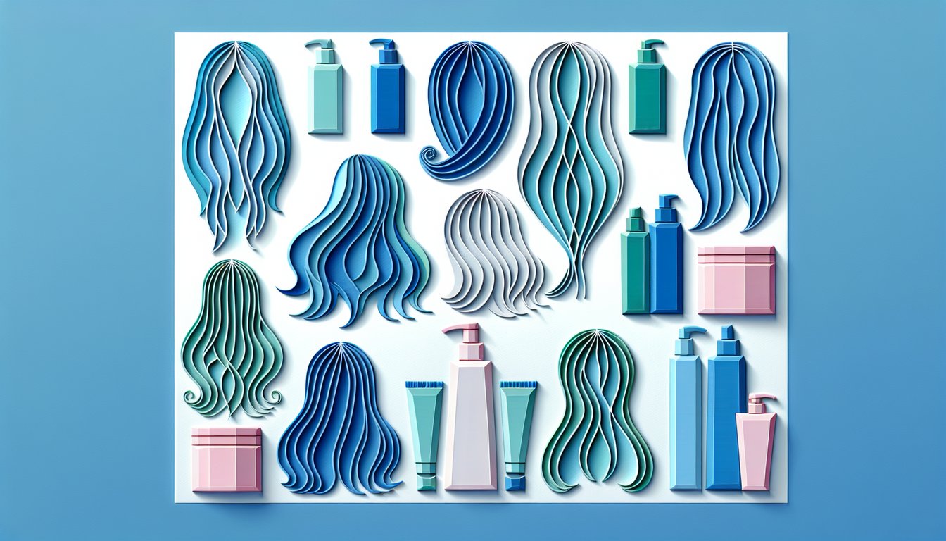 Paper art hair quiz illustration with straight wavy curly coily silhouettes on sky blue background