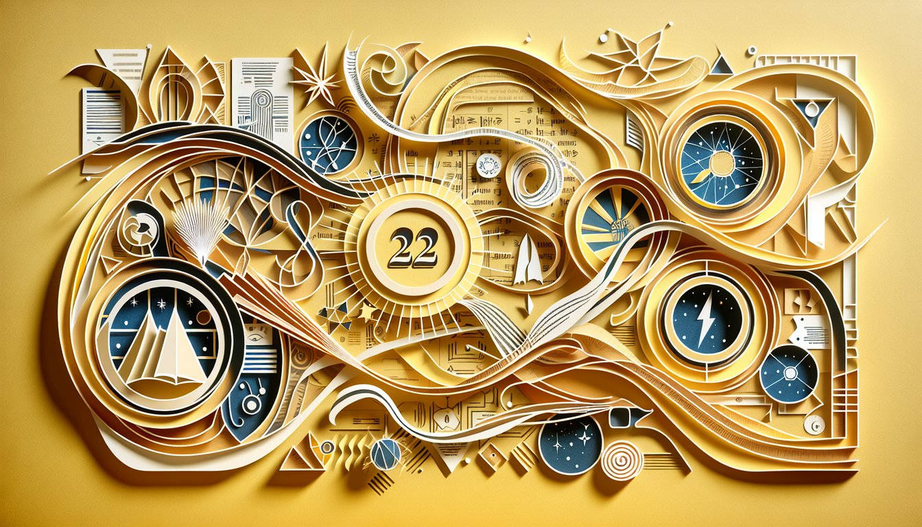 Paper art illustration with Chapter 22 book stack lightning bolt quiz on golden yellow background