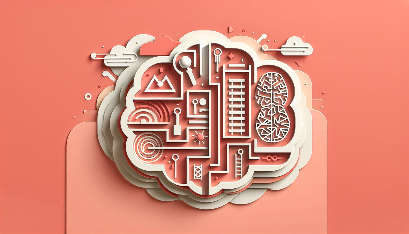 Paper cut illustration of stylized brain with gears and arrows on coral background representing executive function quiz
