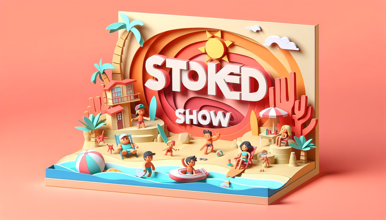 Paper cut collage of surfboards waves palm trees on coral background for Stoked show style matching quiz