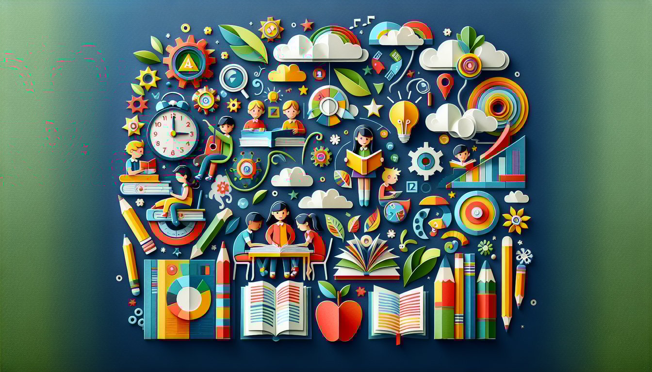 Colorful paper art promoting iRead 2nd Grade Fun quiz for reading comprehension skills.