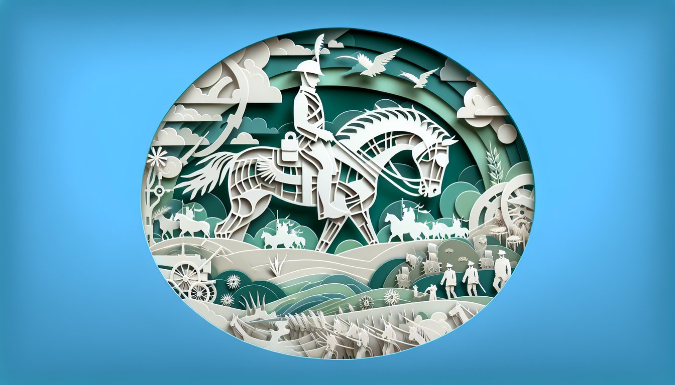 Paper art War Horse silhouette and quiz title on teal background