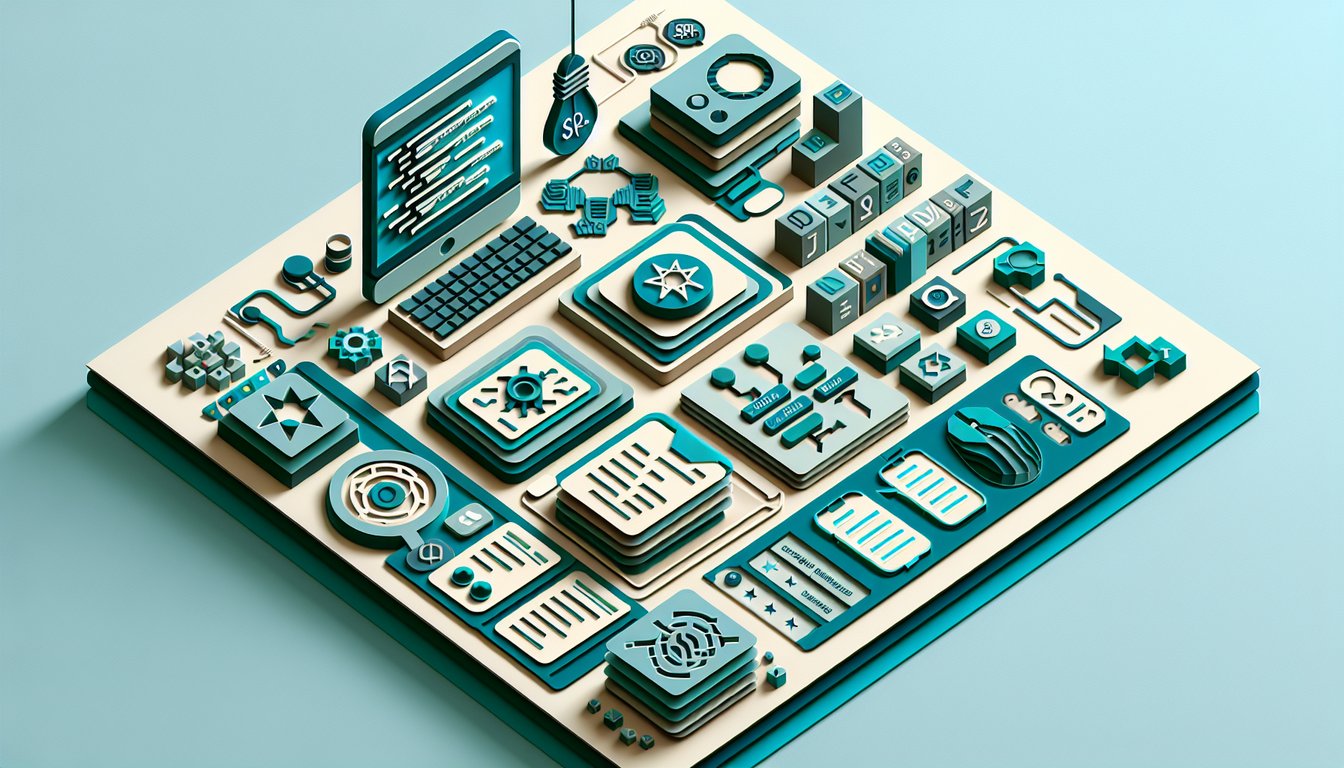 Paper art illustration with code brackets, circuits, gears, puzzle pieces on teal background for programming quiz