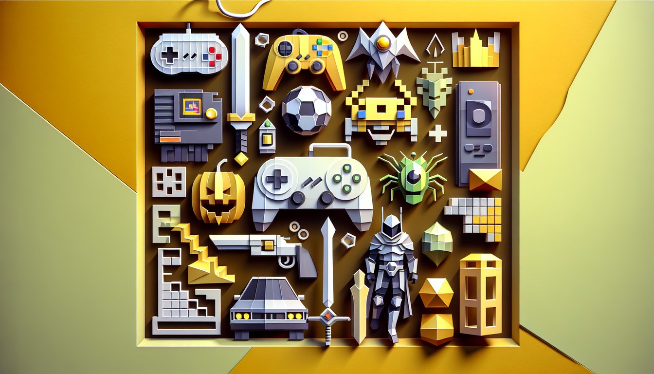 Paper art video game quiz illustration with controllers consoles and question marks on golden yellow background