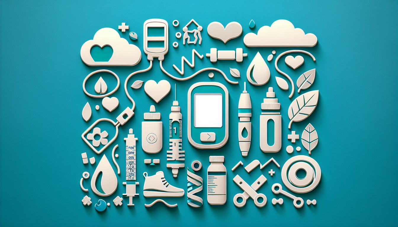 Paper art diabetes quiz with insulin pump, glucose meter, pills on teal background inviting free care post-test challenge