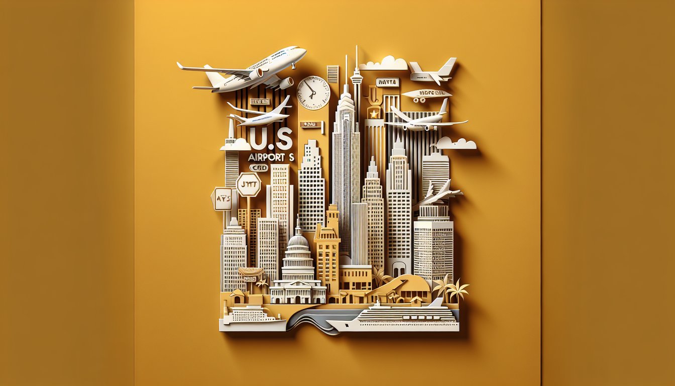 Paper art illustration for US airport codes quiz on a golden yellow background