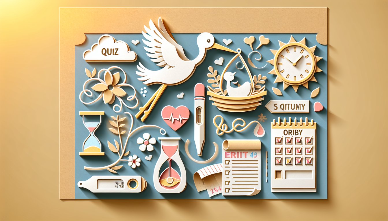 Paper art illustration for early labor knowledge quiz on a golden yellow background