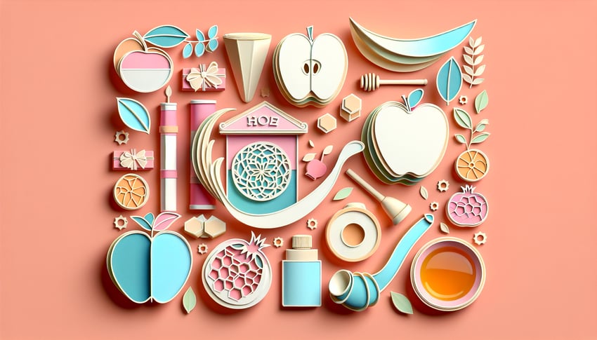 Paper art illustration for High Holidays quiz featuring apples honey shofar flowers on coral background