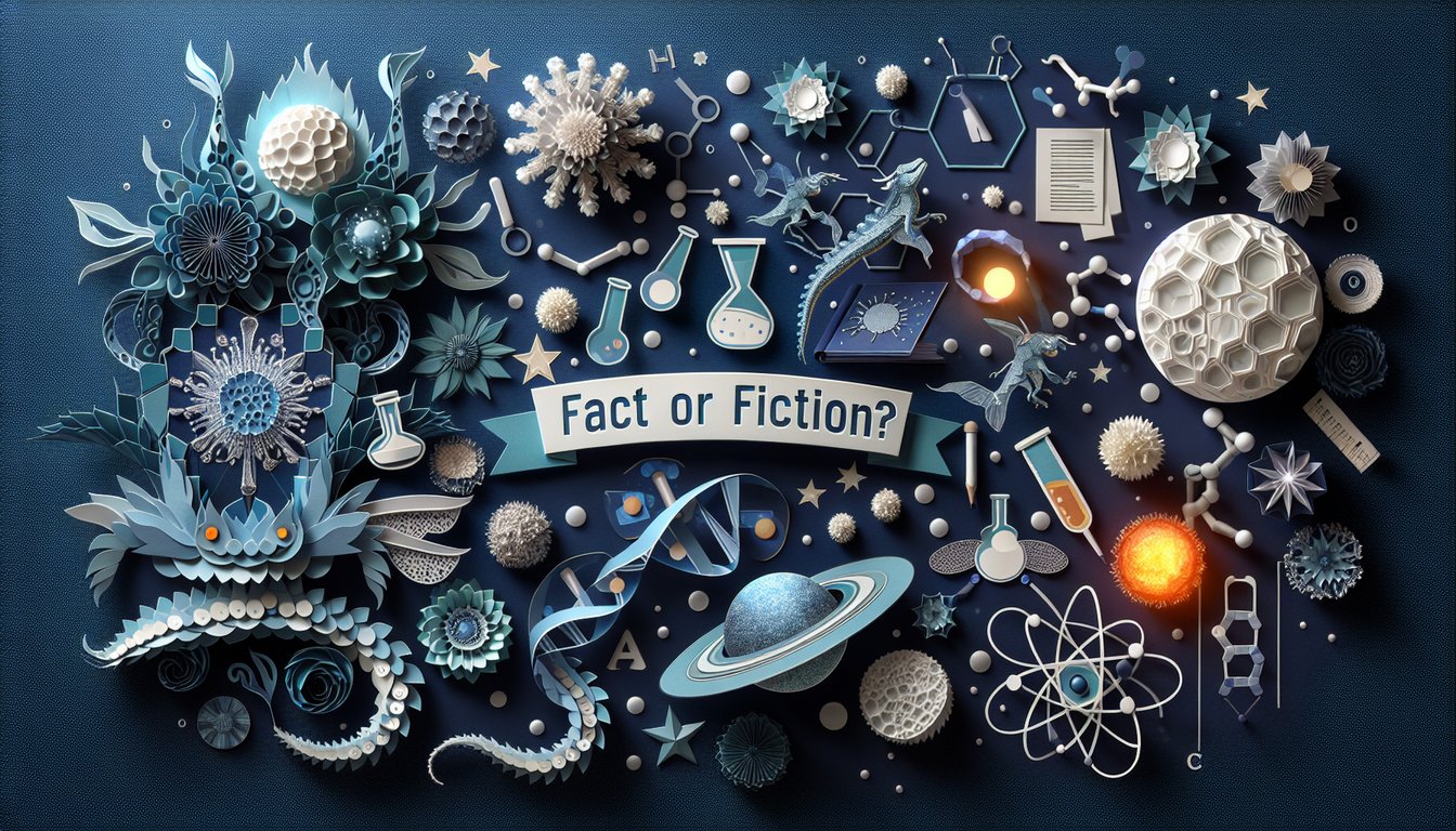 Colorful paper art promoting a Science Fact or Fiction trivia quiz for students.