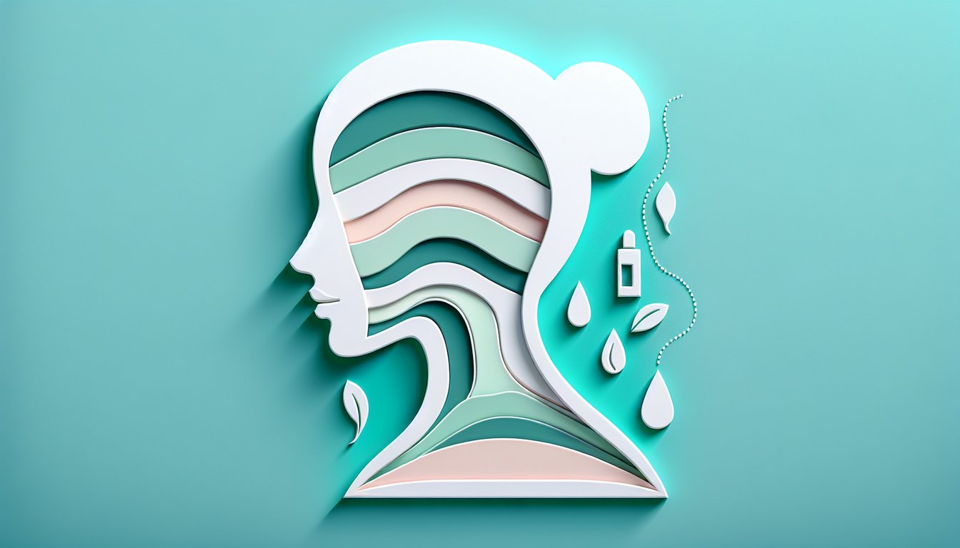 Paper art illustration quiz elements skin layers exfoliation tools CA state esthetician board exam on teal background