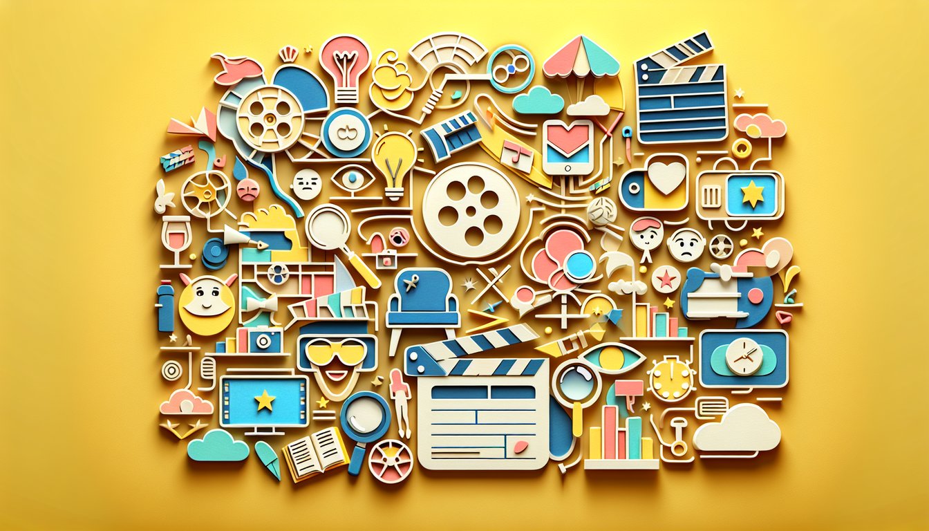 Paper art style female silhouette with film reel and stars on golden yellow background for personality quiz