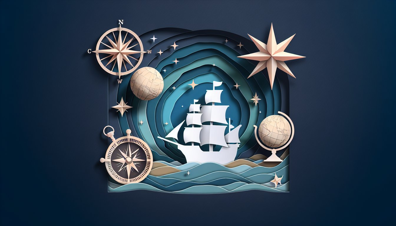Columbus Day trivia quiz paper art illustration on dark blue background