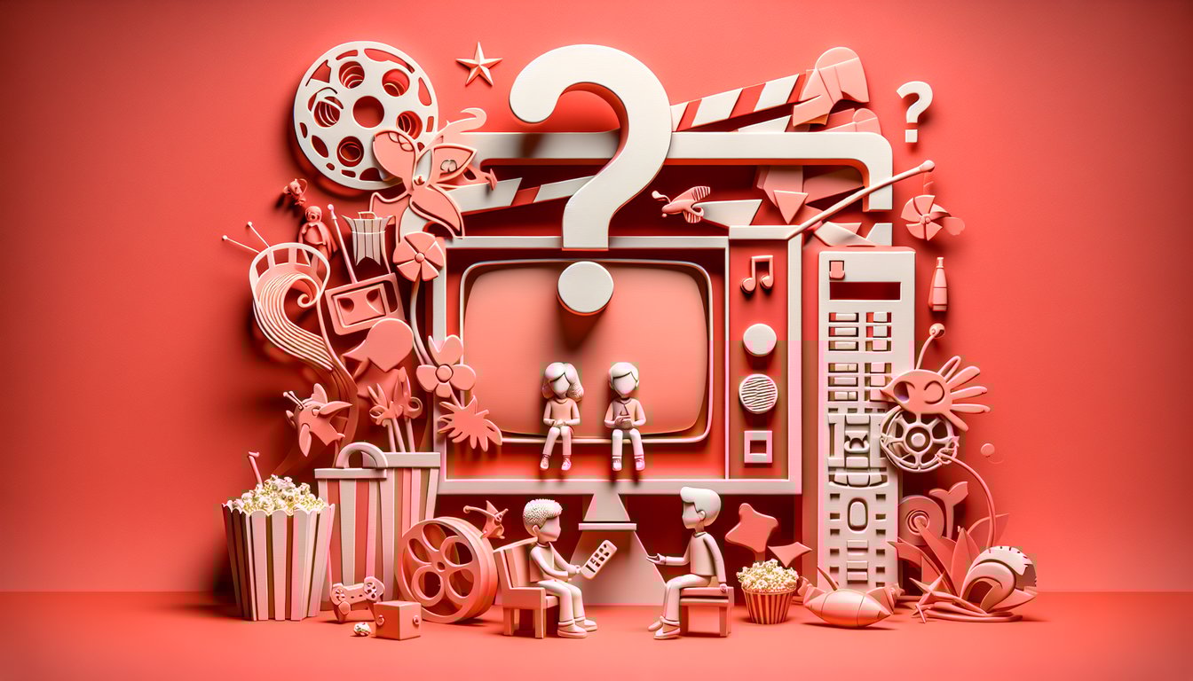 Paper art illustration for a kids movies and TV shows quiz on a coral background