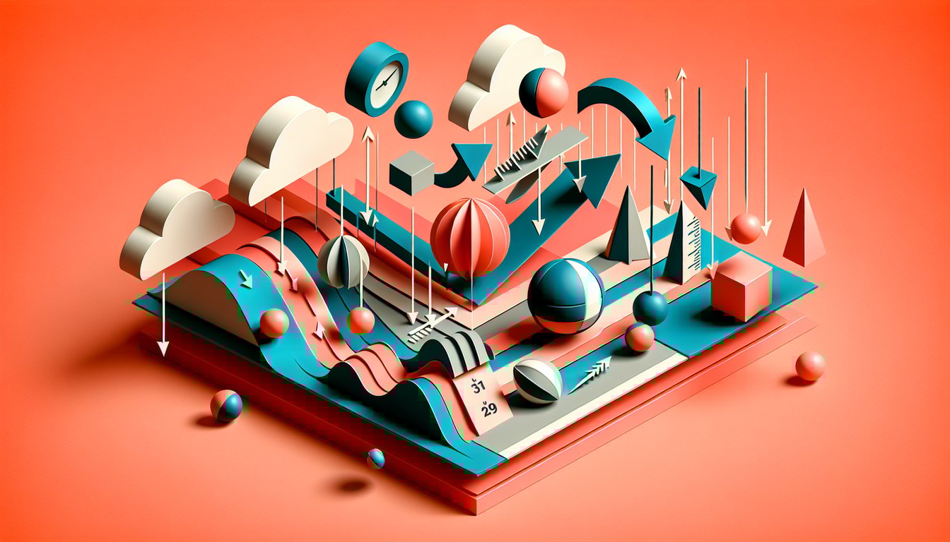 Coral background with paper art of a paper airplane and curved trajectory arrows for 2D kinematics quiz